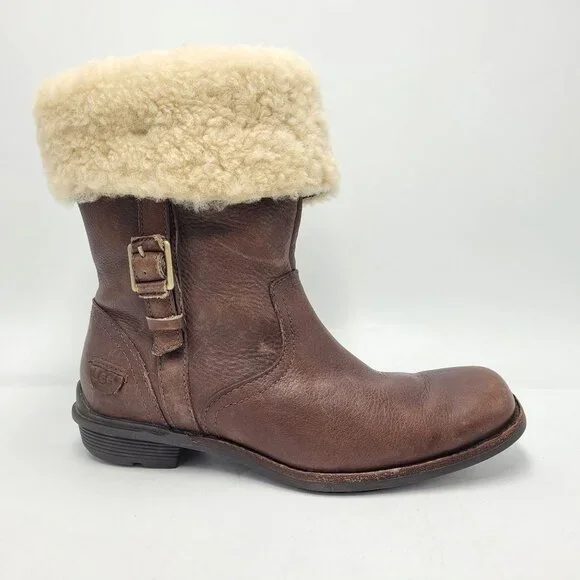 Ugg Bellevue Women's Sz 6.5 Leather & Genuine Sheepskin Wool Winter Boots Brown - Picture 4 of 16